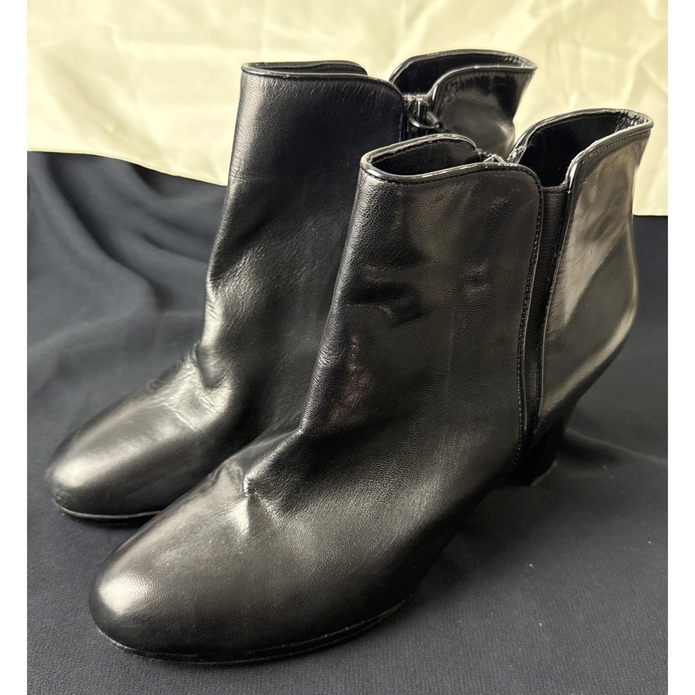 New Ralph Lauren Marcy Black Leather Ankle Boots Shoes Bootie 9.5B Zip Heel